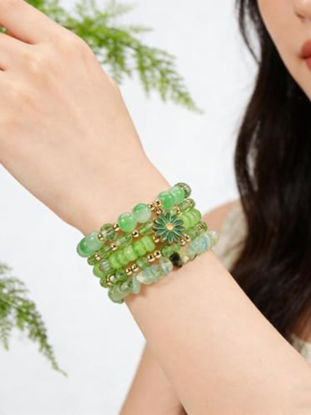 New - 5Pcs Bohemian Flower Stackable Bead Bracelets for Women Multilayer Crystal